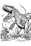 Placeholder: create a coloring page, white background llustrate a victorious T-Rex standing triumphantly over a defeated rival, roaring triumphantly to assert its dominance and claim ownership of the territory ink drawing clipart, simple line illustrations, colored