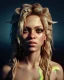 Placeholder: portrait, Shakira, blonde artist, angry, Realistic image, make-up make-up, gold line make-up, sweat, fog, goddess style, Neon colors, leds. Black background, photo studio, concept art, smooth, unreal engine 5, god lights, ray tracing, RTX, lumen lighting, ultra detail, volumetric lighting, 3d, finely drawn, high definition, 4k.