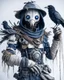 Placeholder: terrifingly cute cyberpunk scarecrow holding a crow, in the style of Android Jones, photography, head to toe, full body shot, white, navy blue grey, very detailed, very clear photo, 3D,