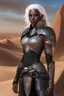 Placeholder: Fantasy art, woman amazone, white hair, beautiful woman, black armour, desert background, black skin, blue eyes