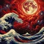 Placeholder: Red Skies at Night: A single integrated pointillist image, animated waves and storm clouds partially occludes the huge moon, nighttime over a trippy tilted storm at sea, strong style of pointillism, style of Mikalojus Konstantinas Ciurlionis, style of Miriam Schapiro, style of Naomi Okubo