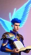 Placeholder: a human male with blue short hair and blue wings in assymetrical armor with geometric patterns and a book in hand, geometric wings