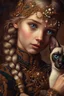 Placeholder: young girl with blonde braided hair and ornate headband, adorned with golden and pearl detailing, closely interacts with a Oriental shorthair Siamese chocolate point cat with vivid blue eyes. The style is hyperrealistic and impressionistic, with a focus on rich color palettes and detailed textures. Golds, browns, and blacks dominate the scene, creating a warm and mystical atmosphere. The girl's dress has intricate, decorative details, almost like a rich embroidered or embellished garment, with r