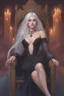 Placeholder: Moon queen long white hair, black robes, blue eyes