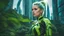 Placeholder: realistic photography sophisticated real photo, daylight, mid portrait realistic cyber Ukrainian girl observing an event, eyes focused: pony tail iridescent green hairstyle gorgeous appealing midriff futuristic costume, background is her futuristic city mega city made of domes with hanging vegetation forest ecology city, stunning intricate meticulously detailed dramatic digital illustration volumetric lighting, 250 megapixels 8K resolution, back-lit soft lights, depth of field image