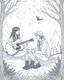 Placeholder: Coloring page: Enchanting scene: Young man playing acoustic guitar beside a campfire WITH A woman AND wolf in a snowy setting, 1:1, fantasy,