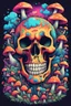 Placeholder: Psychedelic skull looking high and grinning, surrounded by clouds and overgrown with psychedelic mushrooms. Birds flying around the skull. Digital drawing. Colorful. t-shirt design. Cartoon. Digital cartoon. Mid detailed. Super happy. Cheerful. Light hearted. Colorful. Vibrant colours.