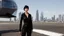 Placeholder: Tall thin woman, with straight black hair, dressed in a camouflaged jumpsuit, looking out from the rear of a futuristic aircar, on a tarmac runway, with a city skyline in the distance