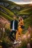 Placeholder: fullbody shot of young-beautiful-girl and boy-with-a-perfect-face-with-make-up-wearing- sport pants and jacket standing ,geen hills ,nice nature environment ,wild flowers,clean water river with colorfull rocks in floor