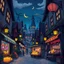 Placeholder: Cartoon whimsical fantasy nighttime city shopping stalls lit by candles and lanterns