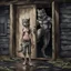 Placeholder: fantasy digital art of a young anthro wolf have gray hairy wolf body gray paws, and wears just a short canvas rag around her waist , she have sadly face in the rain kicked out of the house, falls towards the camera, behind her an tall angry anthro wolf man just in dark gray body hairy kicks she out the door with his foot, behind in rustic halb open door in an massive wooden house, rainy day, detailed, fantasy mood