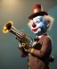 Placeholder: mechanoid happy friendly fat clown playing jazz with a steampunk theme, trumpet, realistic