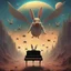 Placeholder: monochromatic bugs bunny composer piano, diffrent planet, one swine pig piggy flying wasp angel, beksinski style daker theme