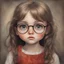 Placeholder: Little girl , in the style of Margaret Keane, long hair, ,very huge damp eyes, large vintage glasses, close up, very long eyelashes, freckles, red nose