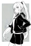 Placeholder: blonde girl with ponytails dressed in a jacket and shorts walks proudly, greyscale