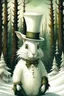Placeholder: Cute fantasy white snowshoe hare wearing a top hat; big pine trees all around; in the style of John Blanche