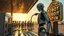 Placeholder: A cinematic wide-angle oil painting of a humanoid robot plugging a thick electric charging cable into its torso port at a futuristic charging station within a retro-style gas station. A long line of identical humanoid robots stands patiently behind, waiting for their turn to recharge. A large vintage-style sign to the side reads 'Electric Robot Charging Station.' The scene is bathed in golden-hour lighting, with rich, noisy colors, expressive thick brushstrokes, intricate steampunk elements, glo