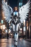 Placeholder: Photography Full body robot cyborgs mechanical electrical realistic super model Russian beautiful Angel woman straddle wings hyper detailed,background walking night city street