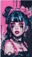 Placeholder: Poster in two gradually, a one side malevolent goth vampire girl face and other side the Singer Melanie Martinez face, full body, painting by Yoji Shinkawa, darkblue and pink tones,