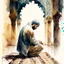 Placeholder: A man is praying namaz with background of islamic pattern, detailed, ultra fine brush use, watercolour painting