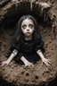 Placeholder: Closeup petit Girl goth with big eyes, fullbody, ragged clothes, extended like roots, the perspective looking up from the bottom of an empty well ,under mud and rats, 8k,macro photography,