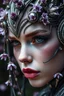 Placeholder: cyberpunk cyborg , super detailed face, black forest background, professional photo, 4k, high resolution, high detail, close-up, octane, body art, patterns, lavender color, white background, silver wire, artistic elven fantasy, filigree, dark botany, ultra detail, HDR