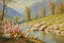 Placeholder: sunny day, mountains, river, rocks, flowers, trees, spring, henry luyten and auguste oleffe impressionism paintings