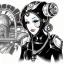 Placeholder: great illustrator, spanish, pencil sketch of a cute girl, beautiful, steampunk syle, black and white. Helmet with tubes. venetian mask. Machinery in the background. robotic bird. High details.