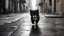 Placeholder: a black and white homeless little kitten, sad, (dirty on fur:1.4), (disheveled fluffy fur:1.3), walking down the street, (paving slabs:0.5), (simple background:1.4), man legs, sole of the shoe, running ago, rain, (in the style of an Jeremy Mann:1.4), ivan aivazovsky, dark shot, (warm light reflection:0.1), disco elysium, digital artwork, ,best quality, high resolution, extreme detail, outstanding composition, masterpiece,