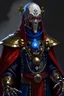 Placeholder: Portrait of a robotic warforged doctor wearing a tribal mask painted in red, white, and blue; and adorned with various gemstones. The strange, slightly intimidating mask sits on a figure standing 6'5'' who is wearing a dark traveling cloak with a bound tome at their waist. This robotic warforged with black coloring and gold accents. Their dark and shiny metallic surfaces appear dignified and well kept, but also show signs of years of wear and scratches. It appears to study you intently.