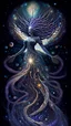 Placeholder: cosmic guardian of soul and mind lifts her hand to destroy an expanding reality that swirls into galaxies and planets. her body and dress are made of swirling galaxies and cosmos and her hair suggests the Tree of Life. Small eyes are embedded in parts of the cosmic background. She is the destroyer and is destroying the world around her