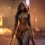 Placeholder: Full body, fantasy setting, woman, dark skin, Indian, 20 years old, magician, warrior, hourglass body shape, bicolor hair, muscular, cinematic, Arabian clothes, dark clothes, war clothes, insanely detailed, Arabian style, half-hawk haircut, white and red hair, medieval