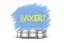 Placeholder: a drawing with sketch lead pencil, The word "BAXER" in yellow floating like a big sign, strong painting, strong expression, BAXER!, BAXER! write the word Baxer, WOODEN CRATES AND BARRELS