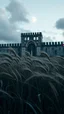 Placeholder: Windblown grass with winds with clouds and moon in the background, high quality picture 8k, beautiful cinematic lighting and all gray colors , a big old walls with towers and big gate in background