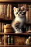 Placeholder: cute kitten on bookshelf in an apothecary. HD. High quality