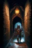 Placeholder: A frightening castle dungeon hallway with an evil knight warrior in rusty chainmail homding an iron chain painterly rpg art