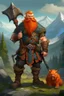 Placeholder: Realistisches Bild von einem DnD Charakters. Männlichen Zwerg mit orangenem Haaren. Er hat eine Axt bei sich. Sein Haustier ist ein Eber. Er steht im Wald mit Bergen im Hintergrund.