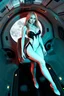 Placeholder: White woman with long blonde hair, a good, athletic body, nice legs, and a large bust, dressed in a white and black latex mini suit, stay in an alien-like technological ship, black ground moon and stars
