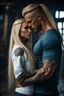 Placeholder: stunningly handsome viking, muscular, long blonde hair, male age 30, wearing jeans and a longsleeved white shirt, tan skin, tattoos, whispering in ear of young blonde woman, with long hair, wearing a sweatshirt. fantasy, hyper realisticphotorealistic 4k, dark fantasy