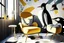 Placeholder: lifelike human feet pattern decorated wallpaper in the background and a penguin shaped and penguin coloured (black and white) armchair in a modern room in sunshine