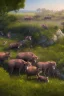 Placeholder: Close-up animation image of an island full of wild warthog, with them running around crazy and wild