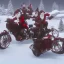 Placeholder: multiple santas driving a motorcycle arround christmass tree