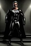 Placeholder: an extremely muscular superhero man wearing a black, skintight, formfitting cowl, a black, skintight, formfitting, Kevlar bodysuit, Silver Wrist Gauntlets, Silver Belt, Silver knee-high boots, black gloves, silver "M" logo on the chest, a mustache and goatee, black gloves, 32k UHD, Hyper Realistic, Photorealistic, realistic, life-like, real life, extremely detailed, extremely sharp, extremely vibrant, extremely colorful, Full color, professional quality, in the art style of Boris Vallejo