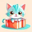 Placeholder: cute cartoon kitten playing in a gift box