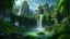Placeholder: city lost ruins temple of jungle palms in the center of a lush garden surrounded by a band of waterfall that flows in The four rivers of fantasy art 3d