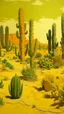 Placeholder: A golden yellow sandy desert with cacti designed in Matryoshka dolls painted by Edouard Manet