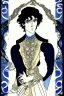 Placeholder: young black haired blue eyed wizard in the style of aubrey beardsley