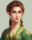 Placeholder: Illustration {a half-body shot of a half-elf with brown hair and grey eyes wearing a green traditional Turkic kaftan is looking at the viewer with an intense gaze and a grumpy and pouty expression. Her hair is tied into a loose bun, her cheekbones are high and prominent, her skin has a light-olive tone, she is tall and slender and has a delicate and shapely build. She is modestly dressed, sitting in a fantasy forest}, realism, realistic, anime, semi-realistic, fantasy,