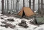 Placeholder: campsite, winter, tents, overgrown, post-apocalyptic, comic book, forest