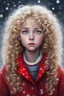 Placeholder: Lonely orphan with big innocent eyes and blond curly hair and snowflakes in her hair, red coat and red shoes.